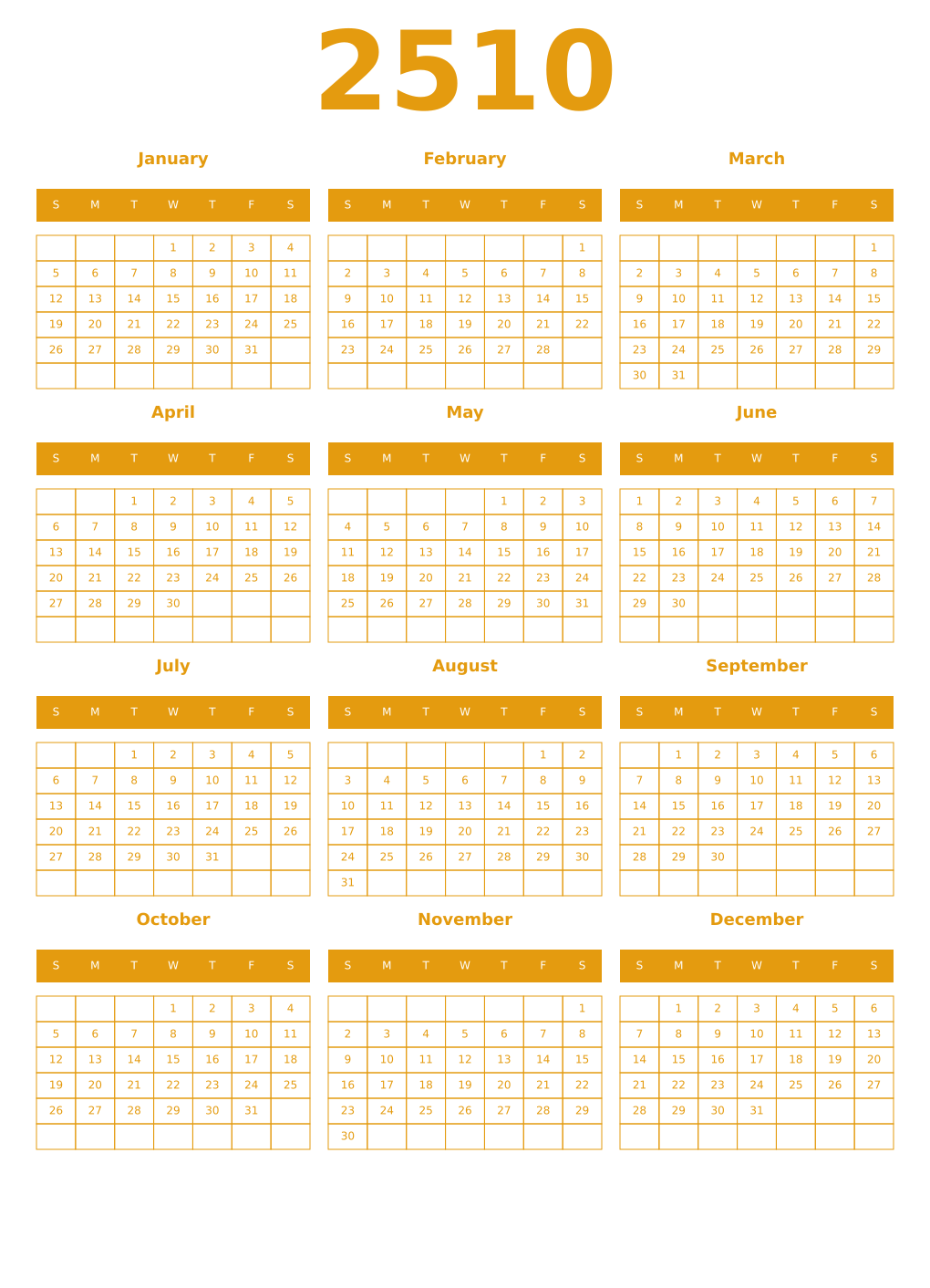Printable 2510 Year Calendars gamboge