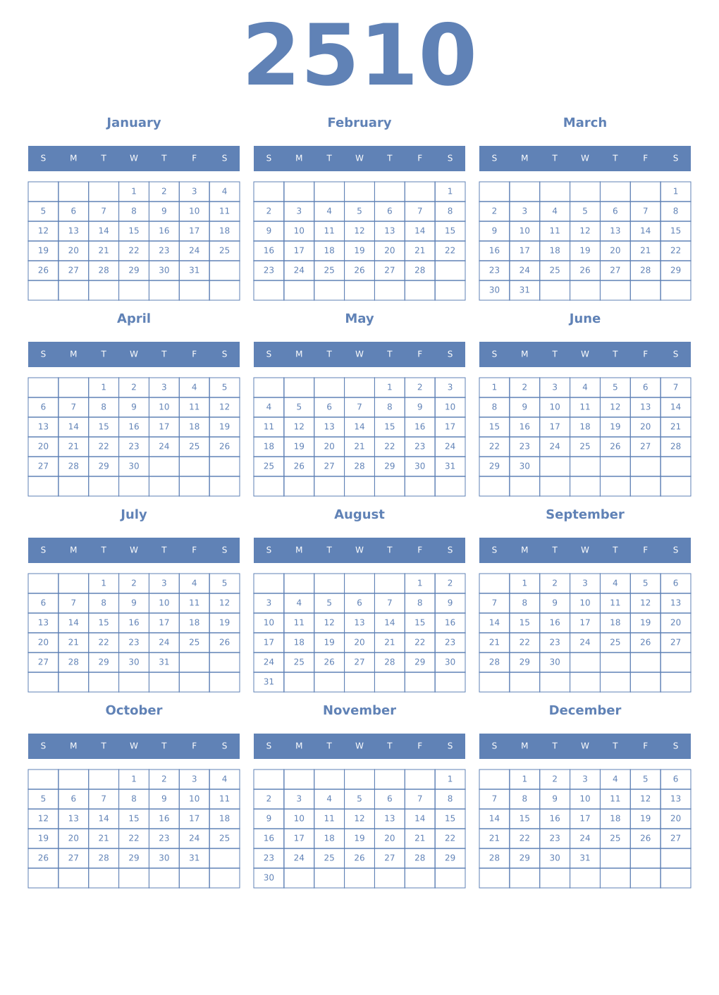 Printable 2510 Year Calendars glaucous