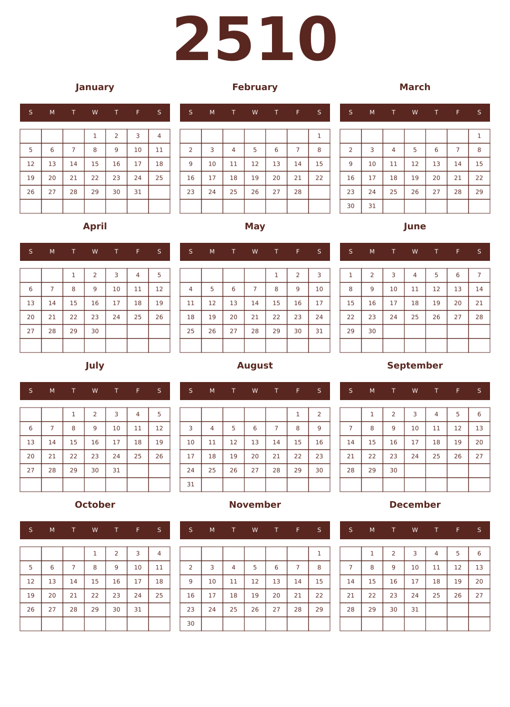Printable 2510 Year Calendars mortuum