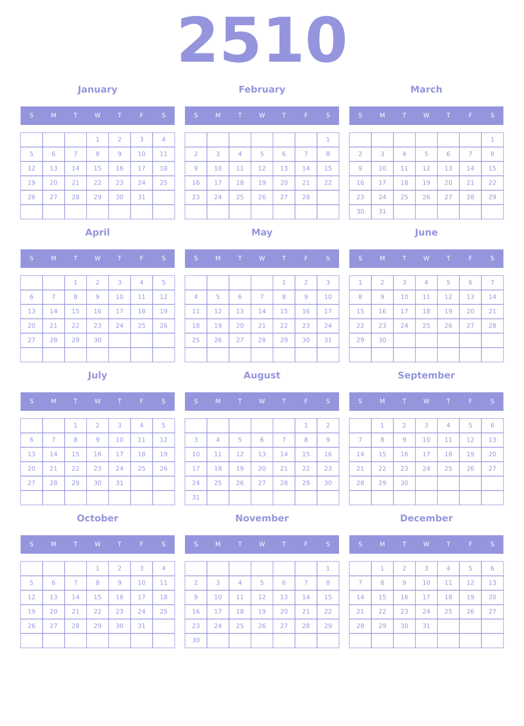 Printable 2510 Year Calendars periwinkle