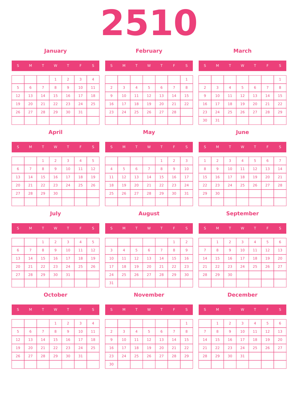 Printable 2510 Year Calendars pink