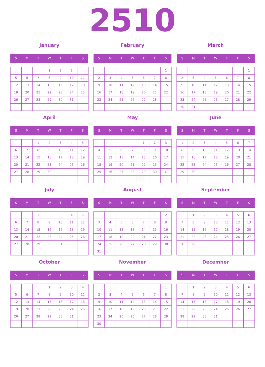 Printable 2510 Year Calendars purple