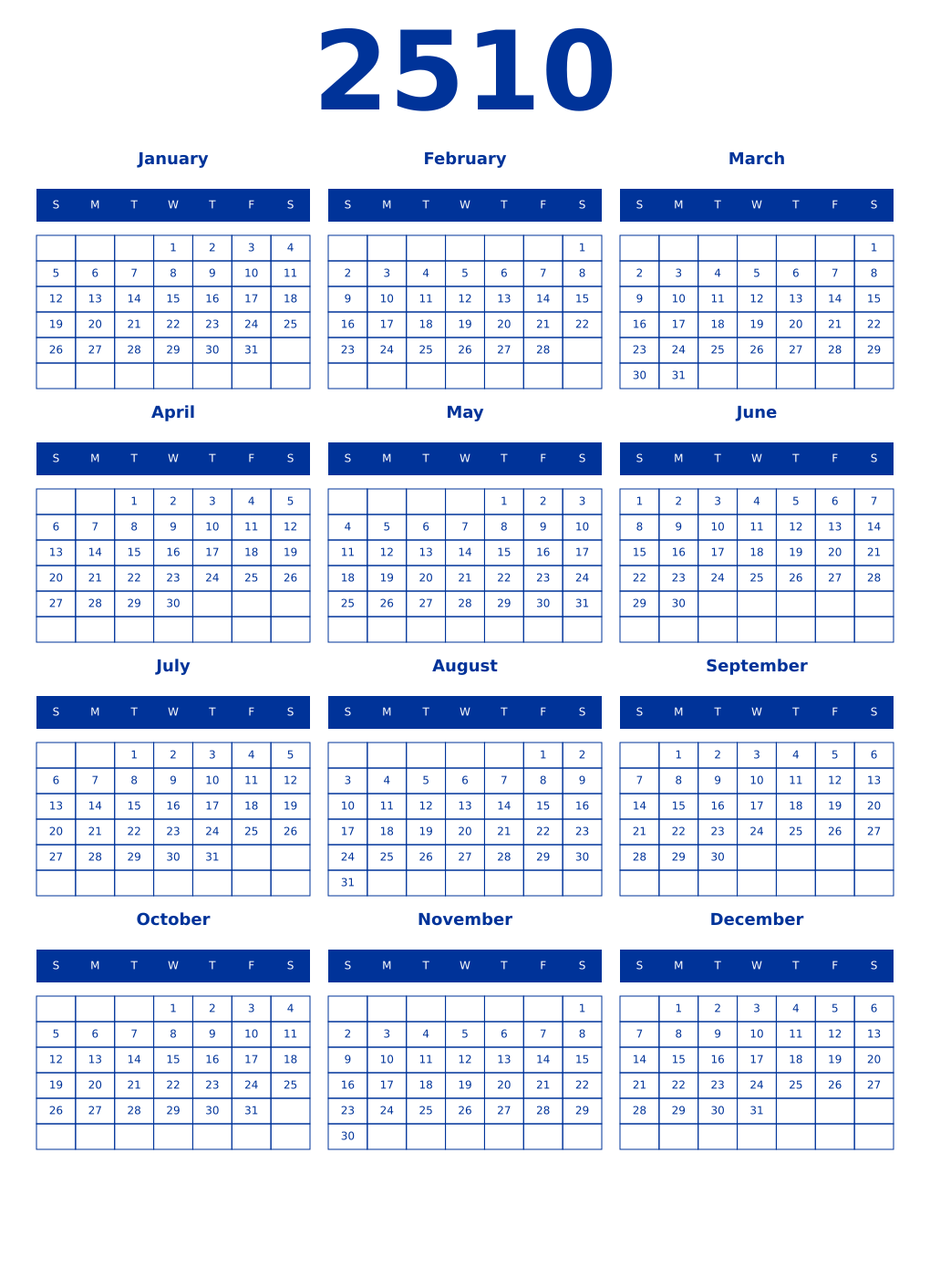 Printable 2510 Year Calendars smalt