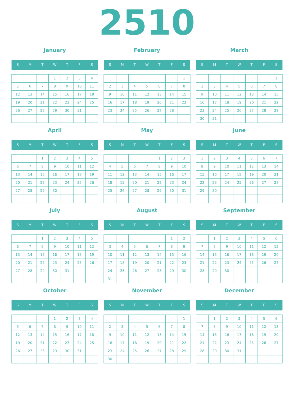 Printable 2510 Year Calendars verdigris