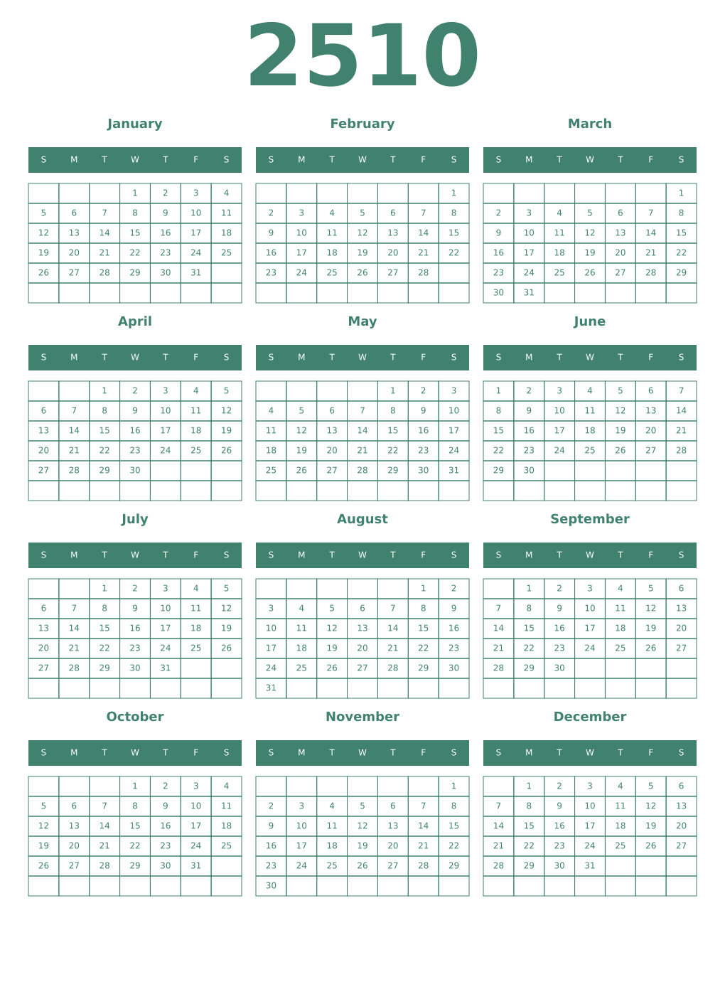 Printable 2510 Year Calendars viridian