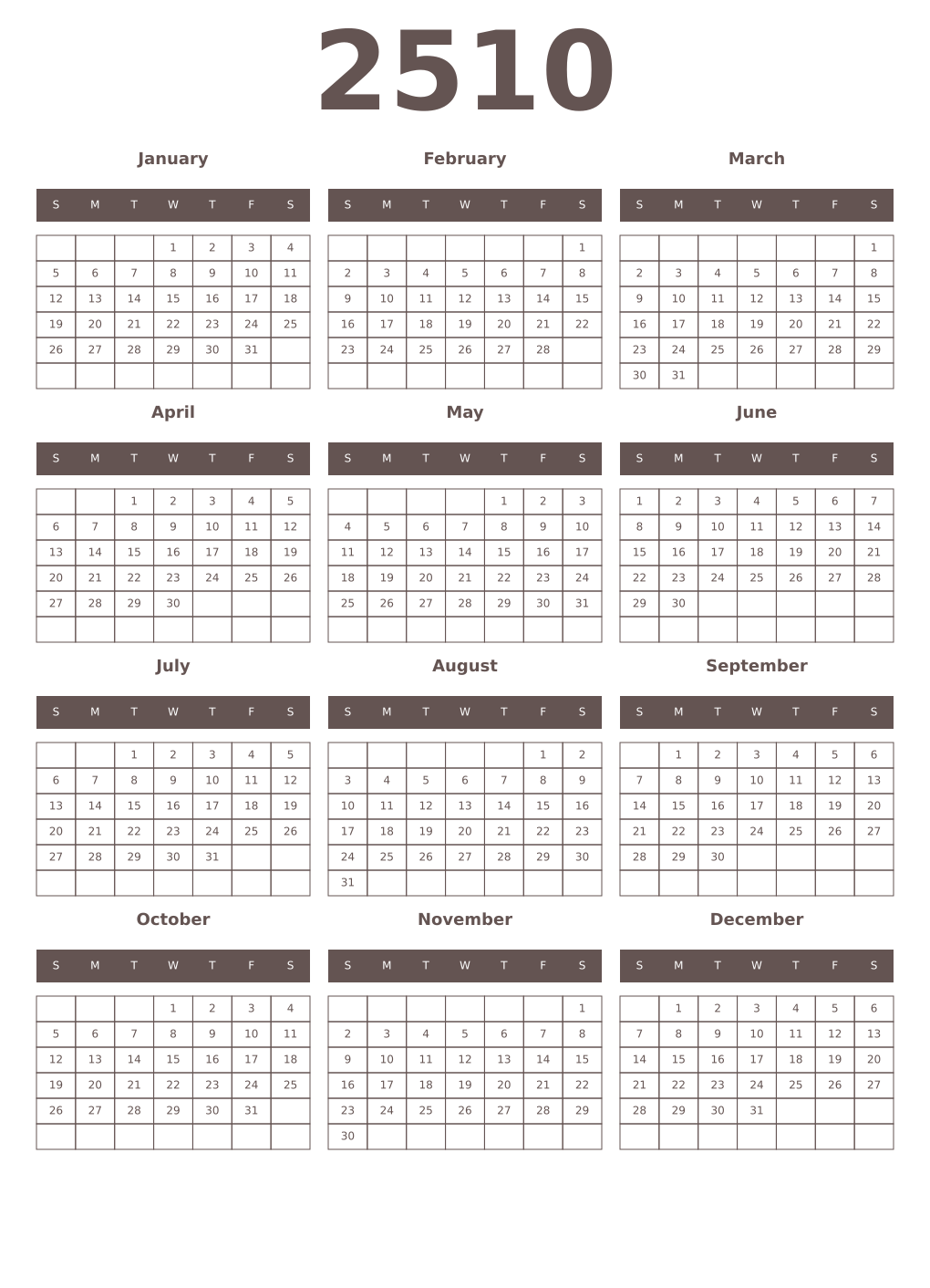 Printable 2510 Year Calendars wenge