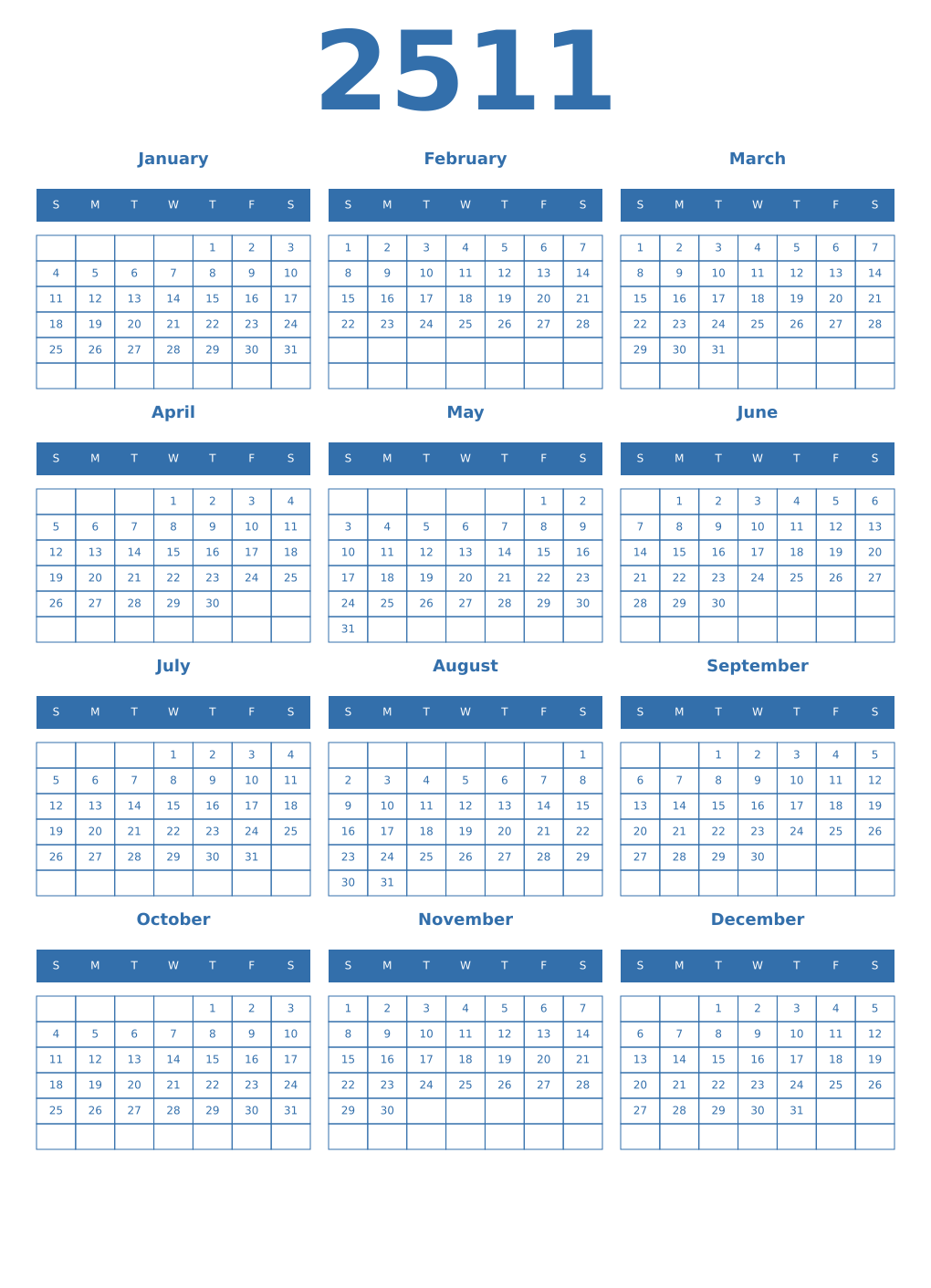 Printable 2511 Year Calendars blue