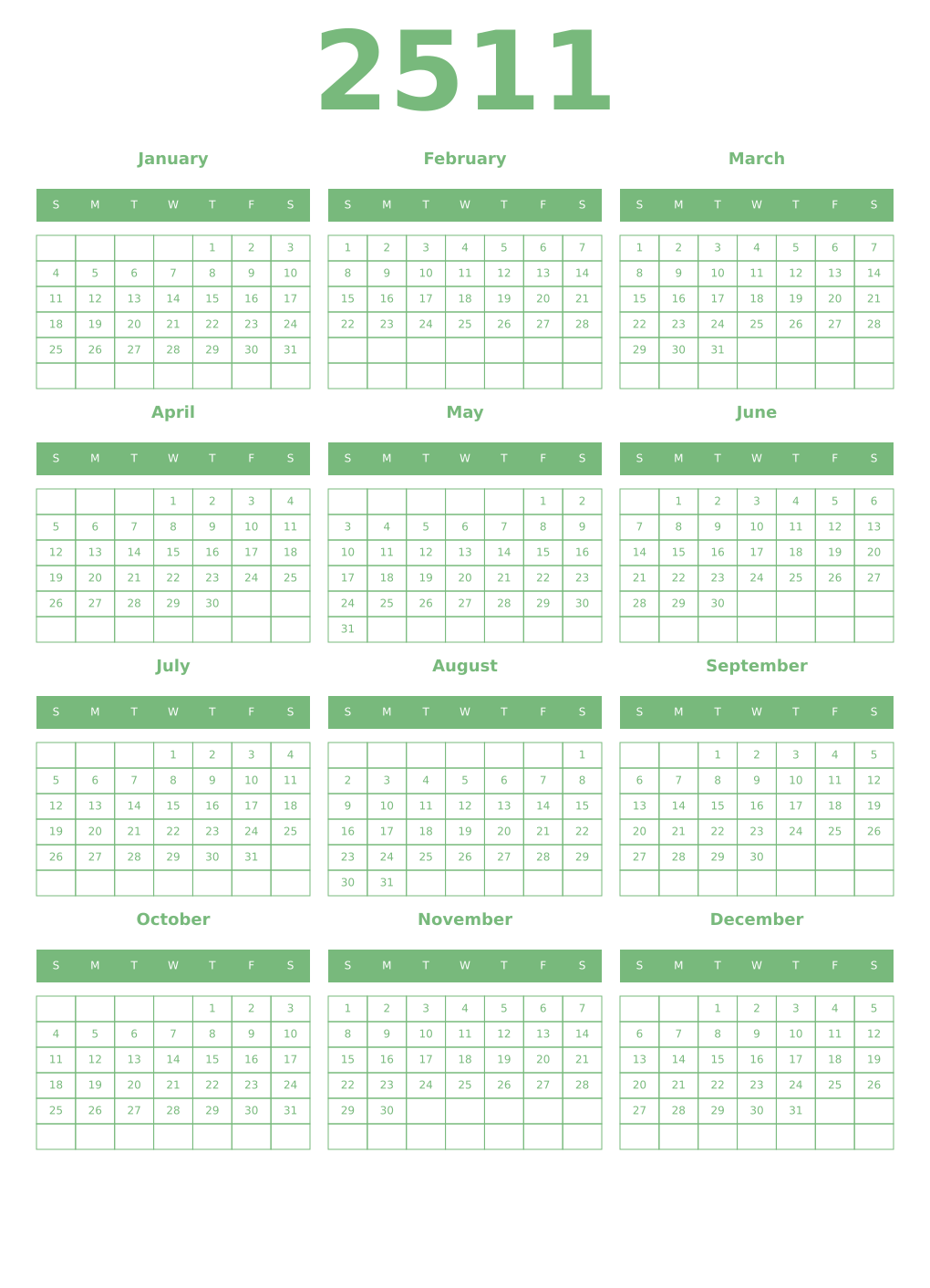 Printable 2511 Year Calendars celadon