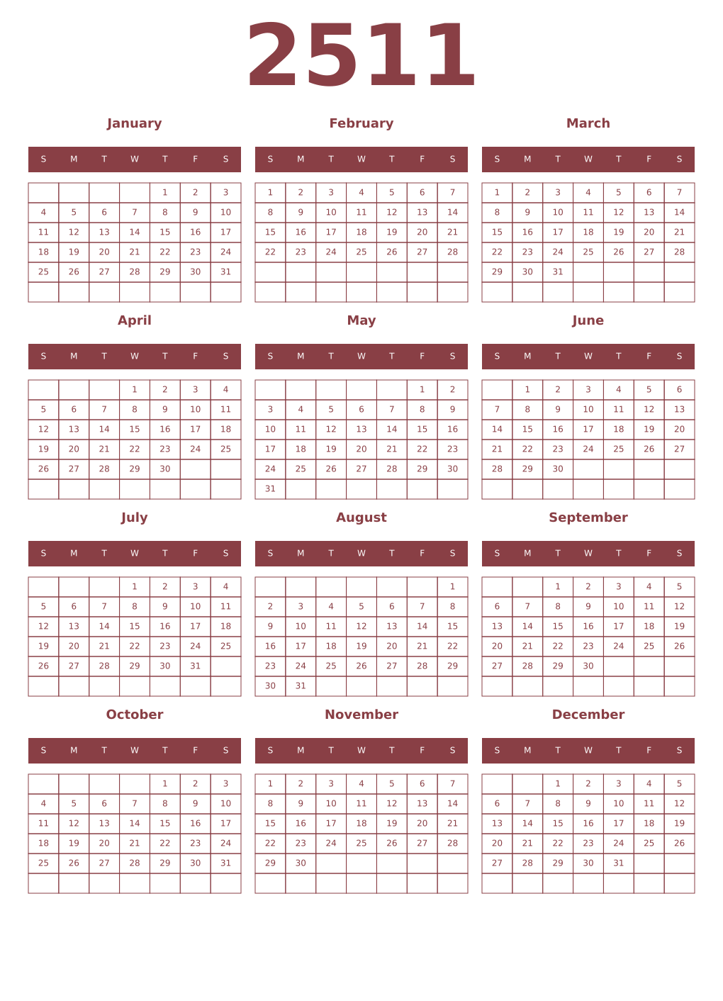 Printable 2511 Year Calendars cordovan