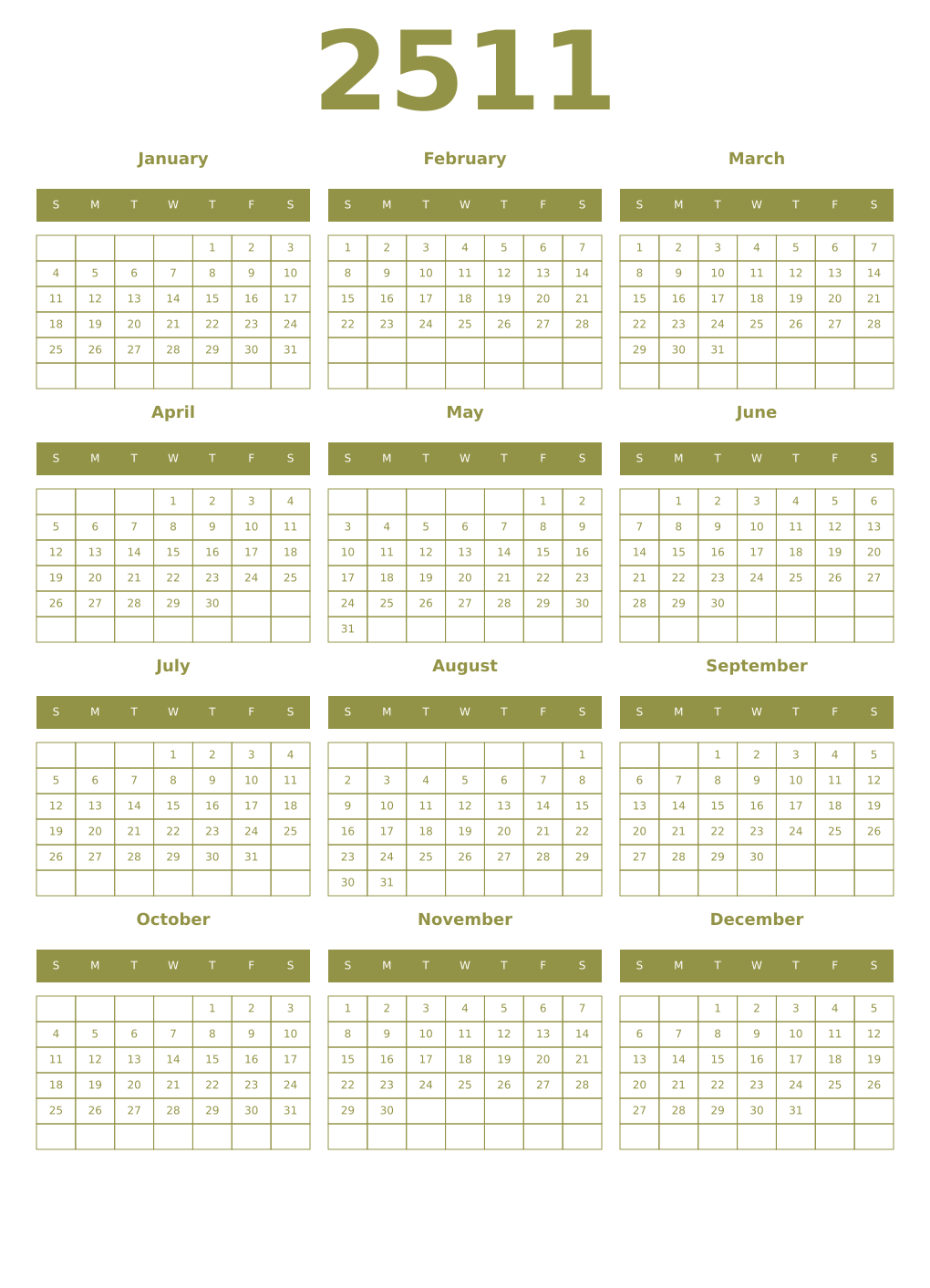 Printable 2511 Year Calendars eburnean