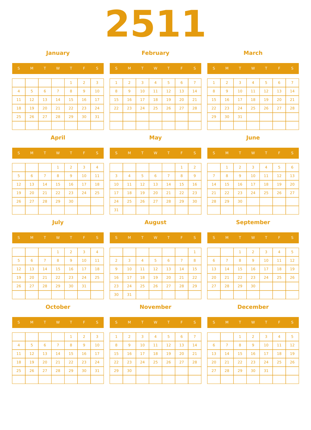 Printable 2511 Year Calendars gamboge