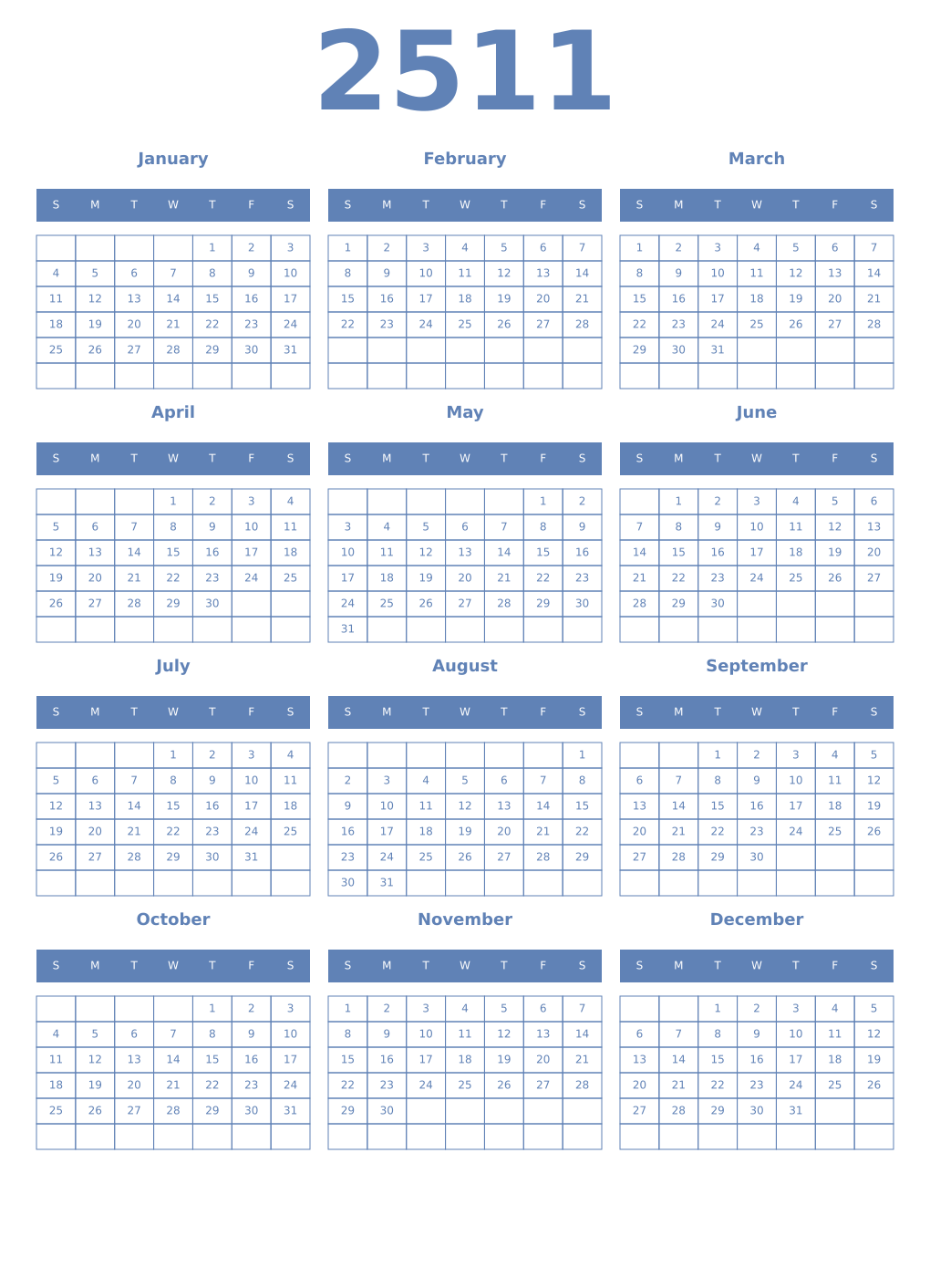 Printable 2511 Year Calendars glaucous