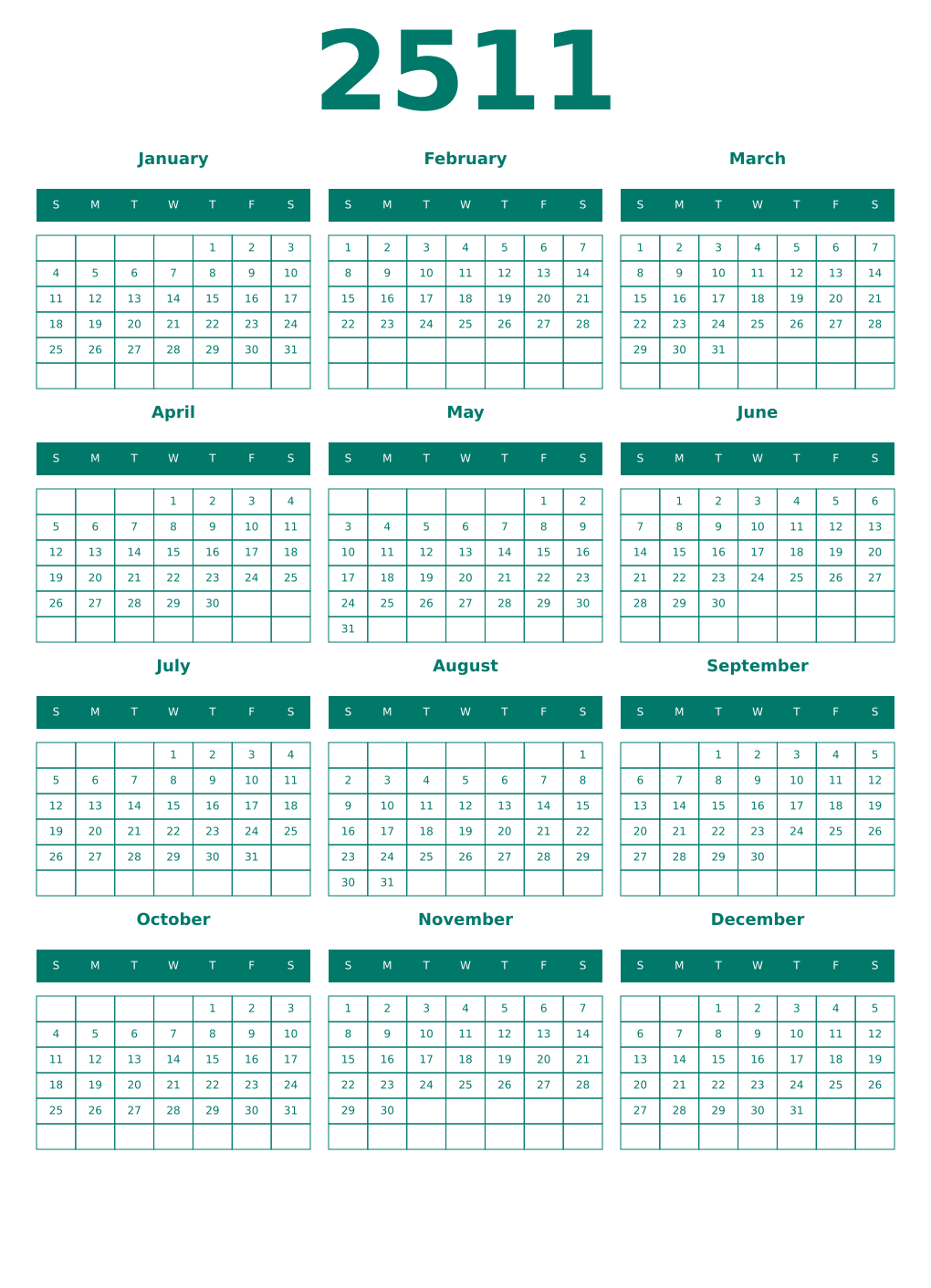 Printable 2511 Year Calendars pastel