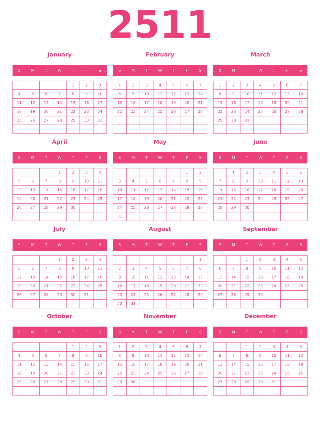 Printable 2511 Year Calendars pink