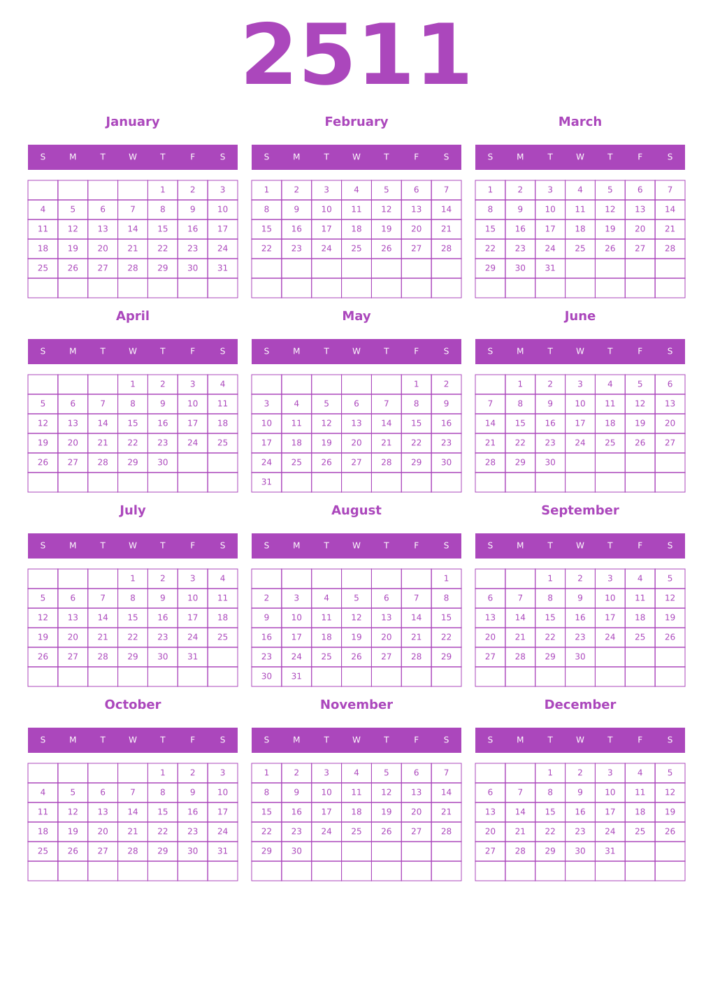 Printable 2511 Year Calendars purple