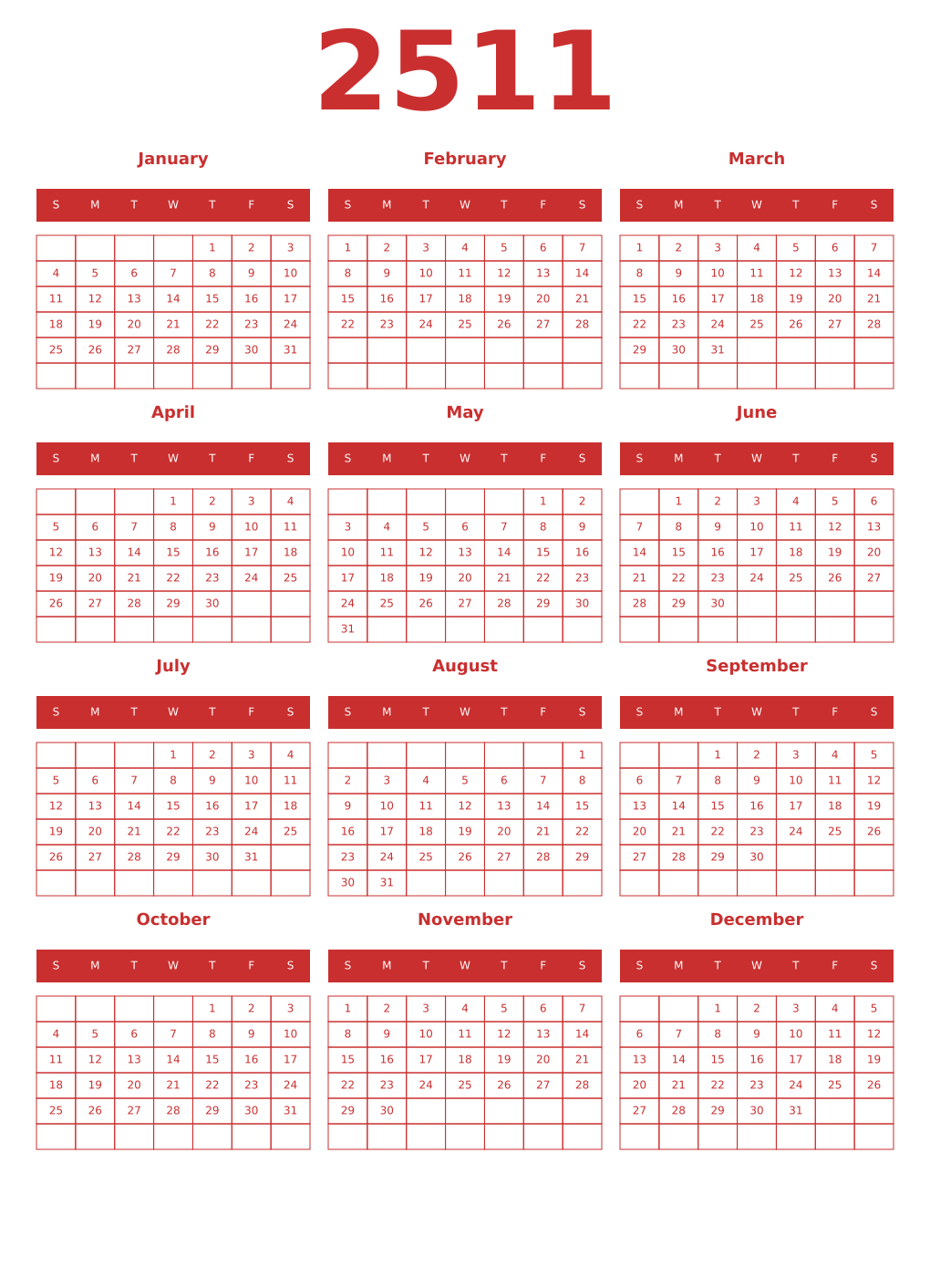 Printable 2511 Year Calendars red