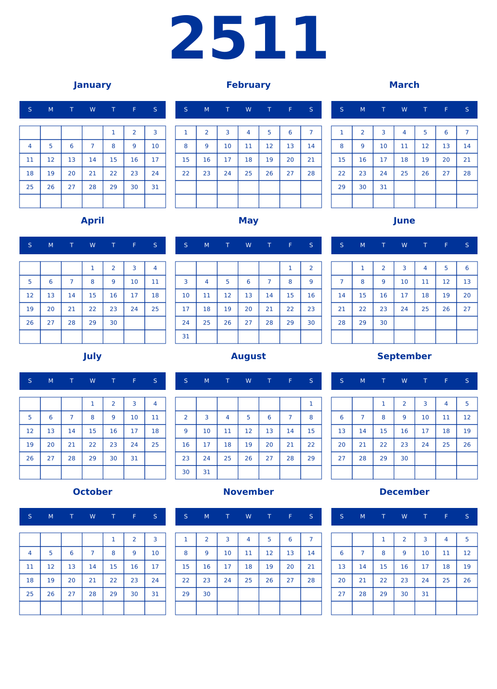 Printable 2511 Year Calendars smalt