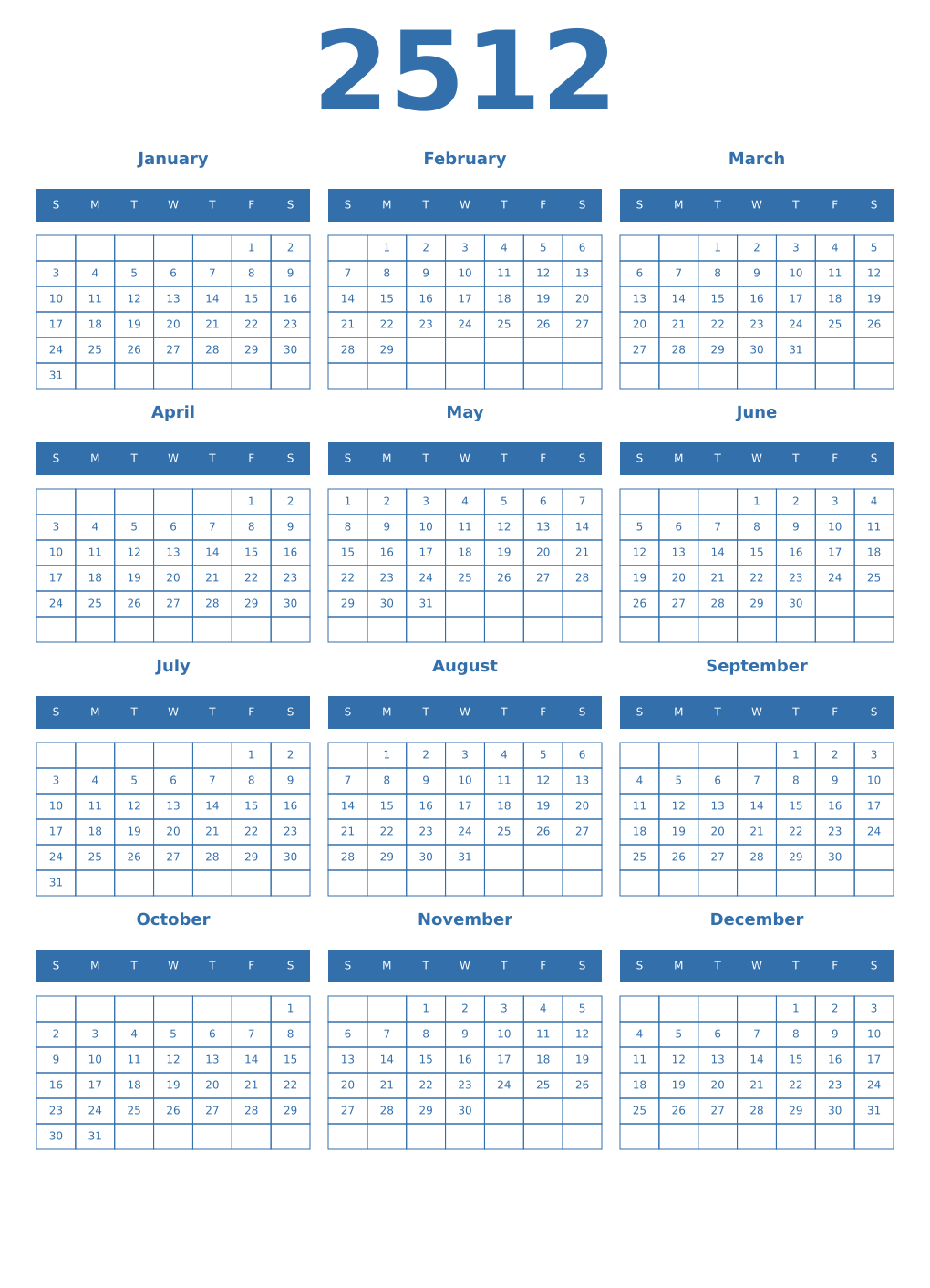 Printable 2512 Year Calendars blue