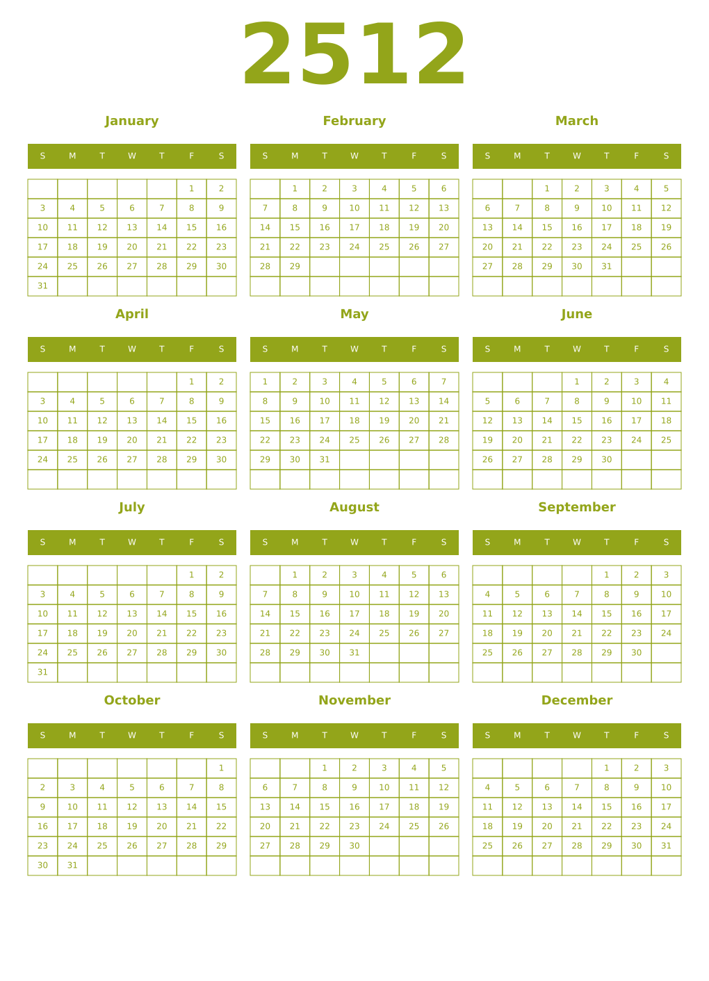 Printable 2512 Year Calendars chartreuse