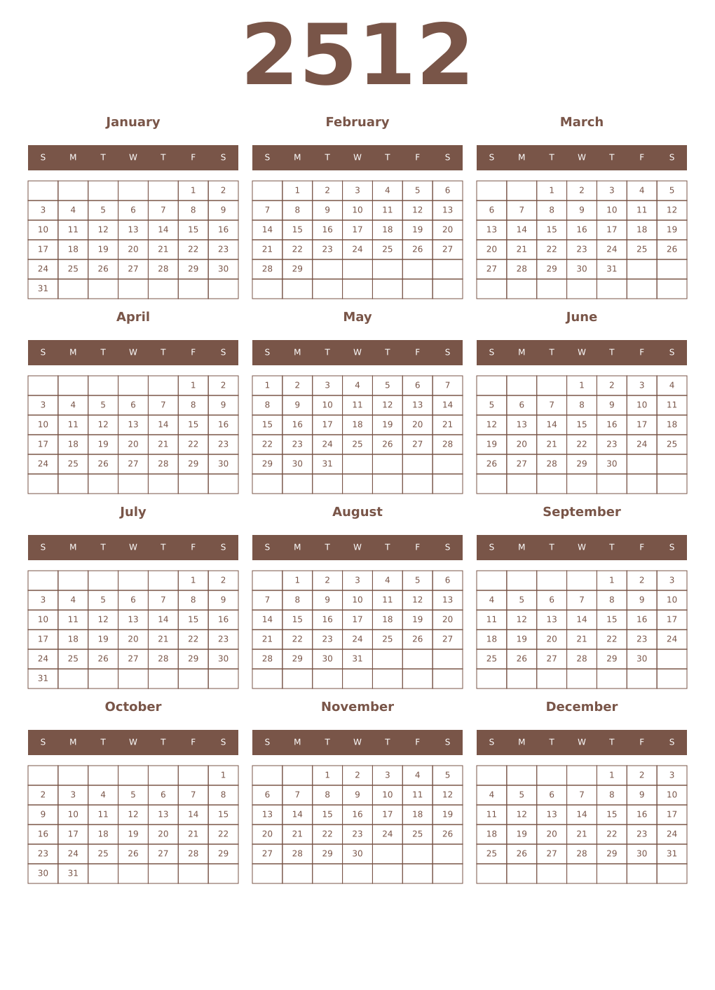 Printable 2512 Year Calendars coffe