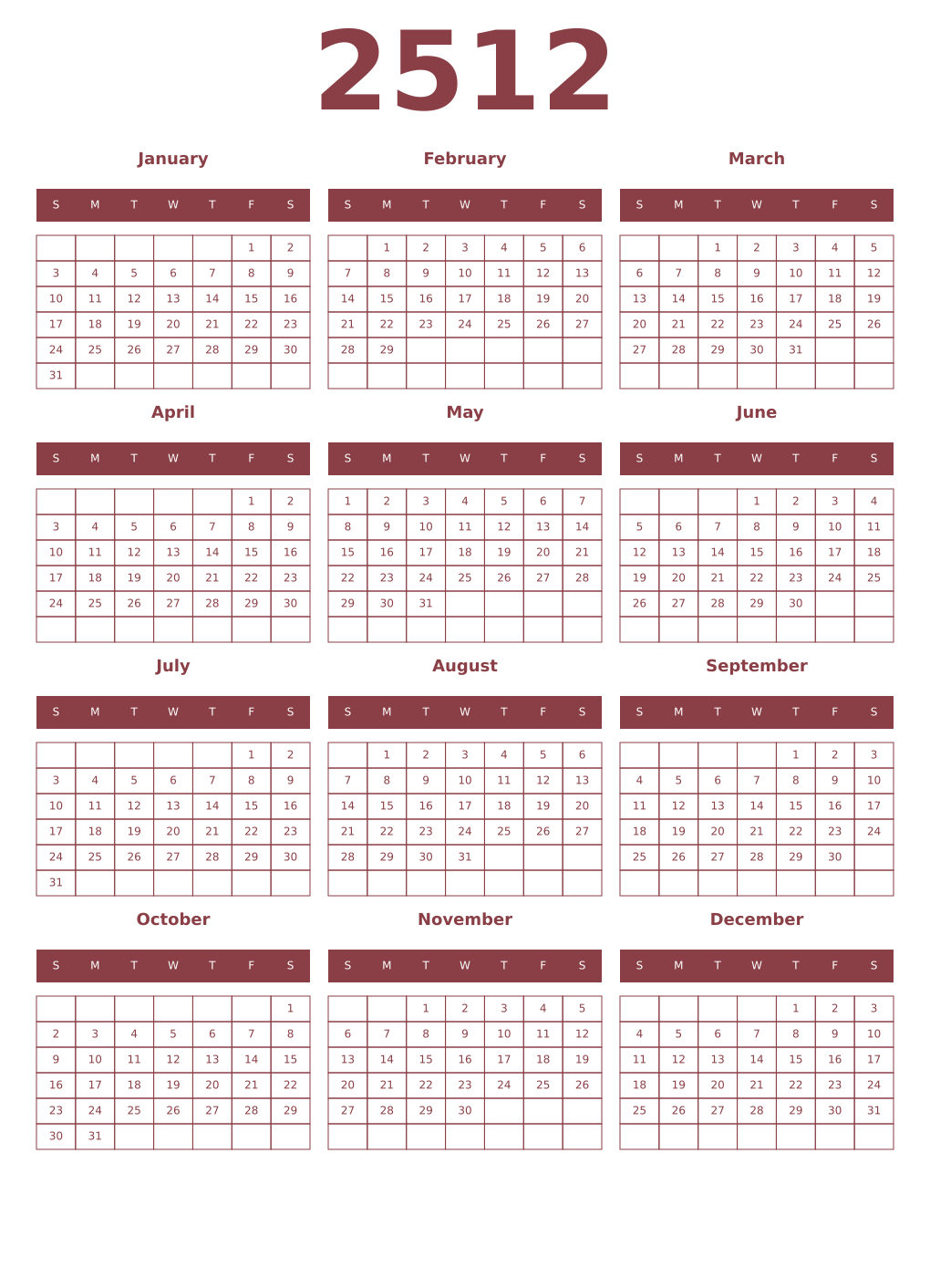 Printable 2512 Year Calendars cordovan