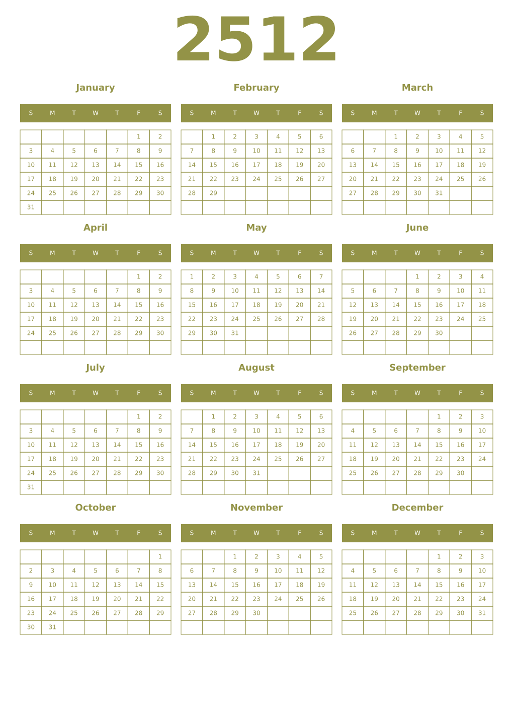 Printable 2512 Year Calendars eburnean