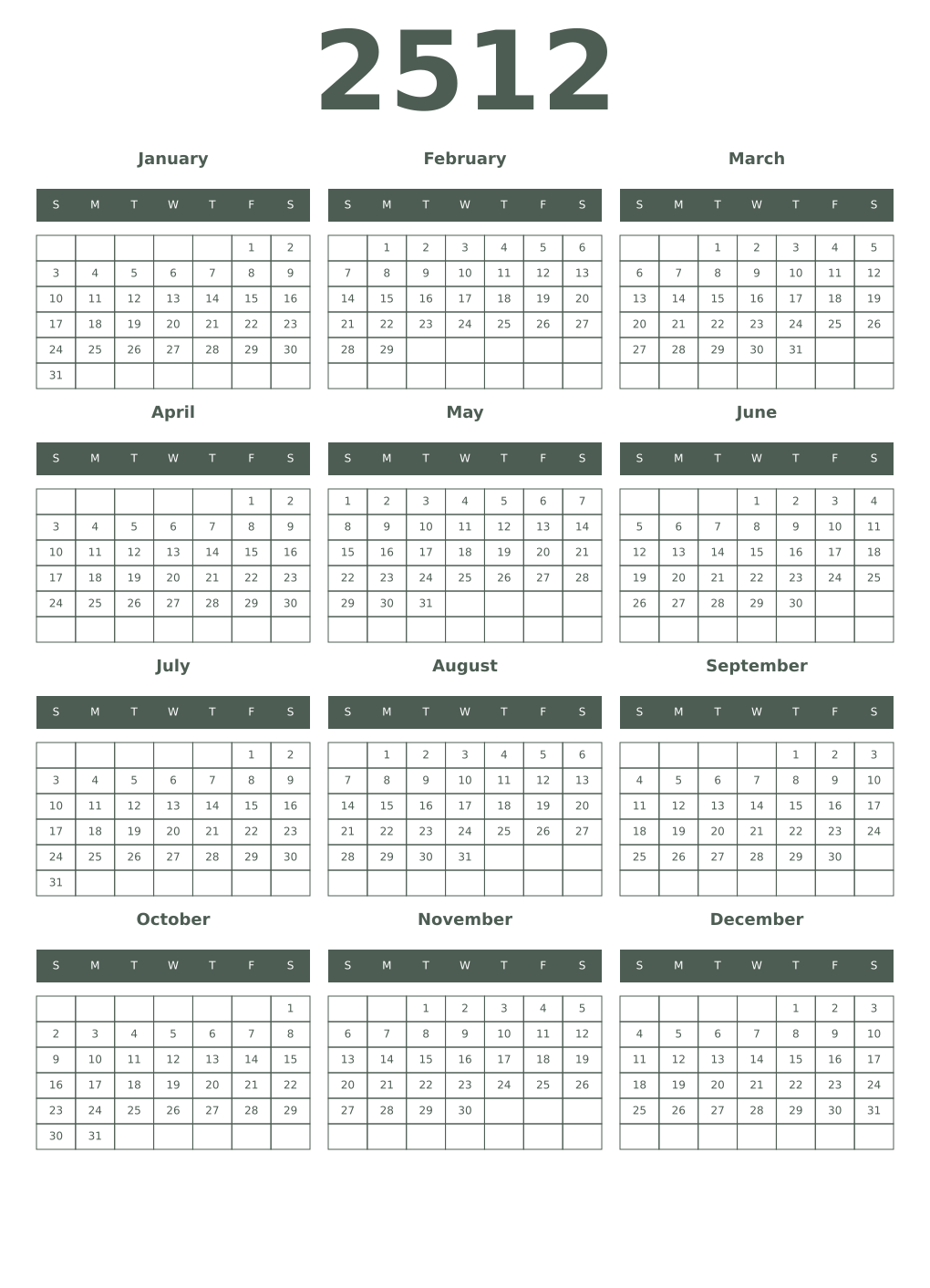 Printable 2512 Year Calendars feldgrau