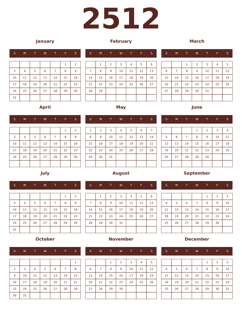 Printable 2512 Year Calendars mortuum