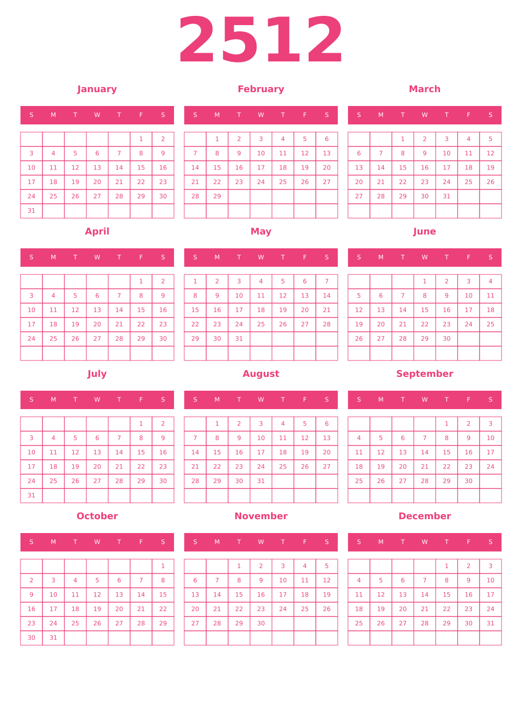Printable 2512 Year Calendars pink