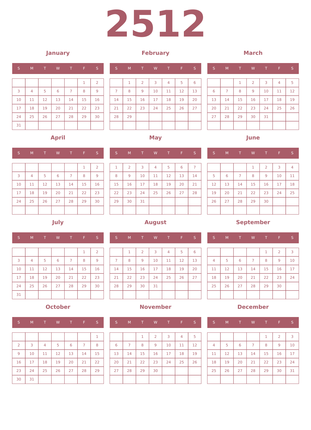 Printable 2512 Year Calendars puce