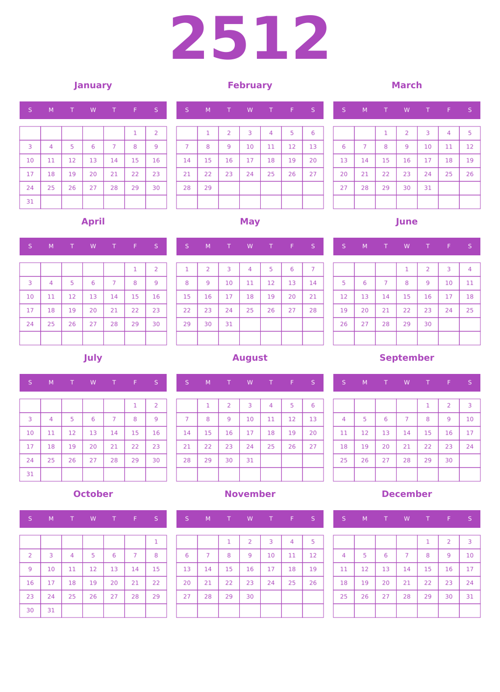 Printable 2512 Year Calendars purple
