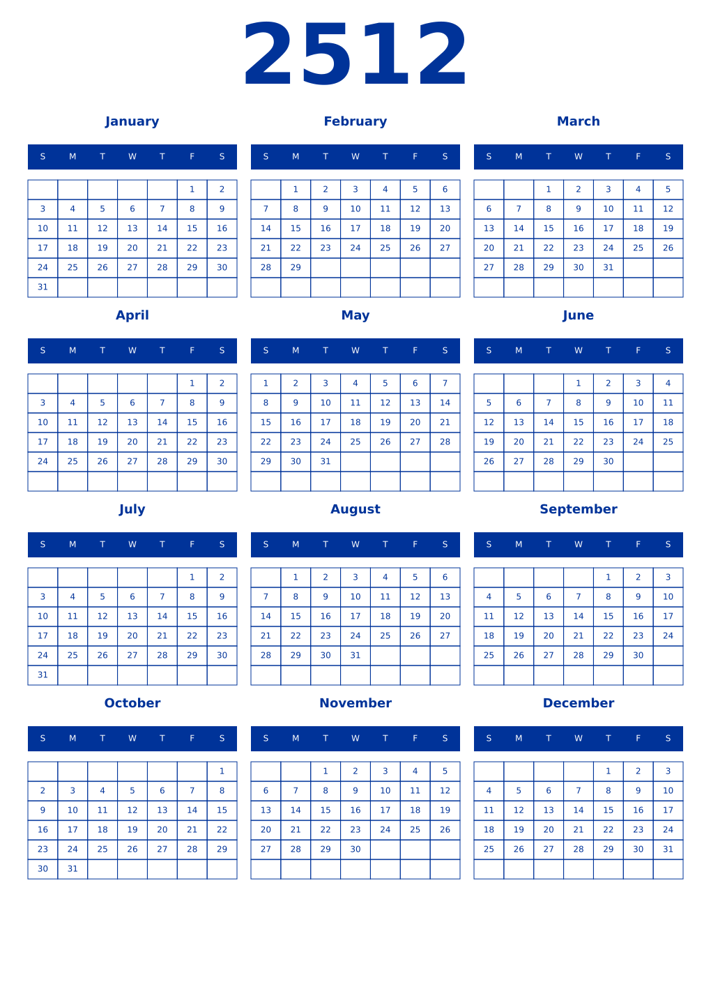 Printable 2512 Year Calendars smalt