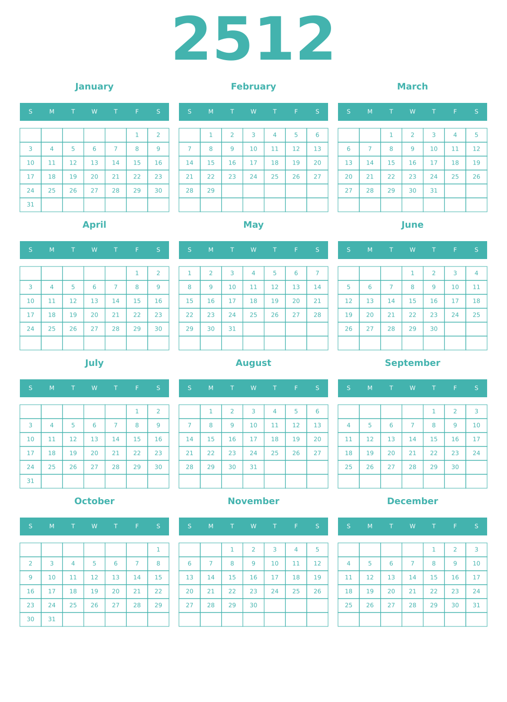 Printable 2512 Year Calendars verdigris
