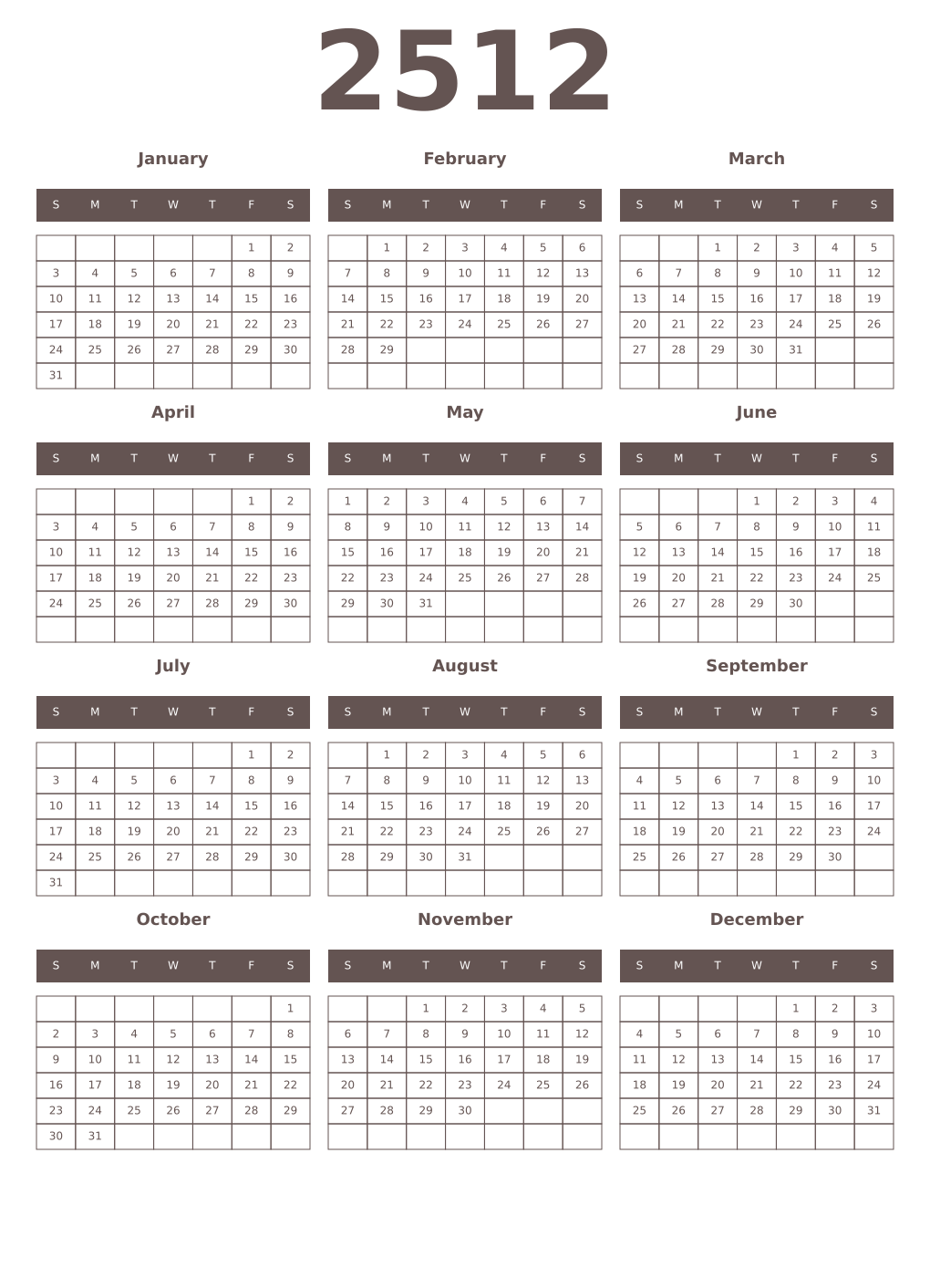 Printable 2512 Year Calendars wenge