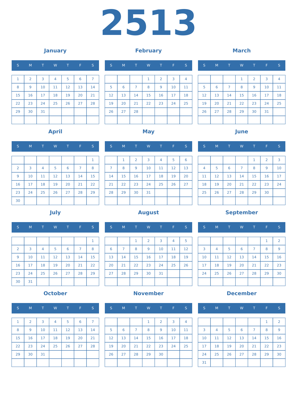 Printable 2513 Year Calendars blue