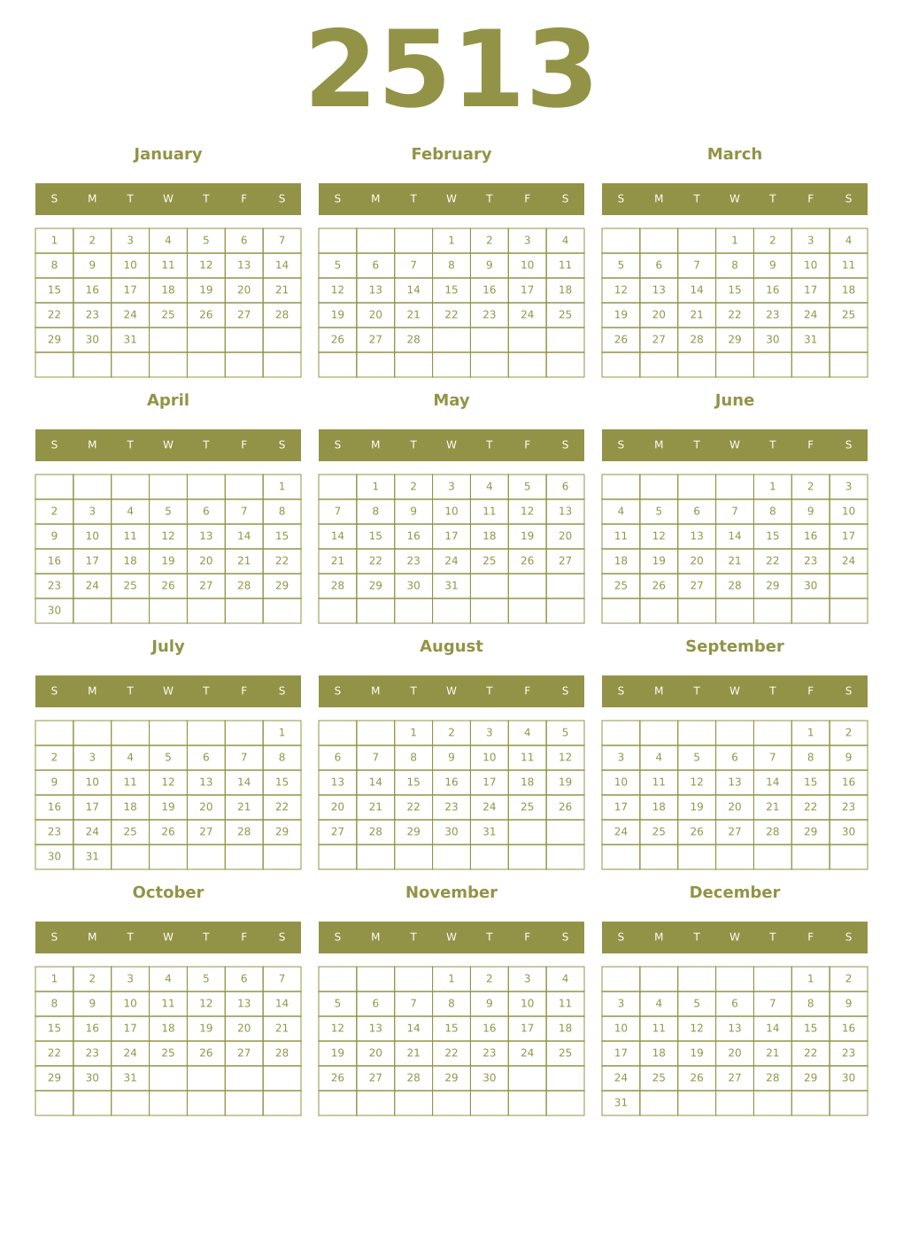 Printable 2513 Year Calendars eburnean