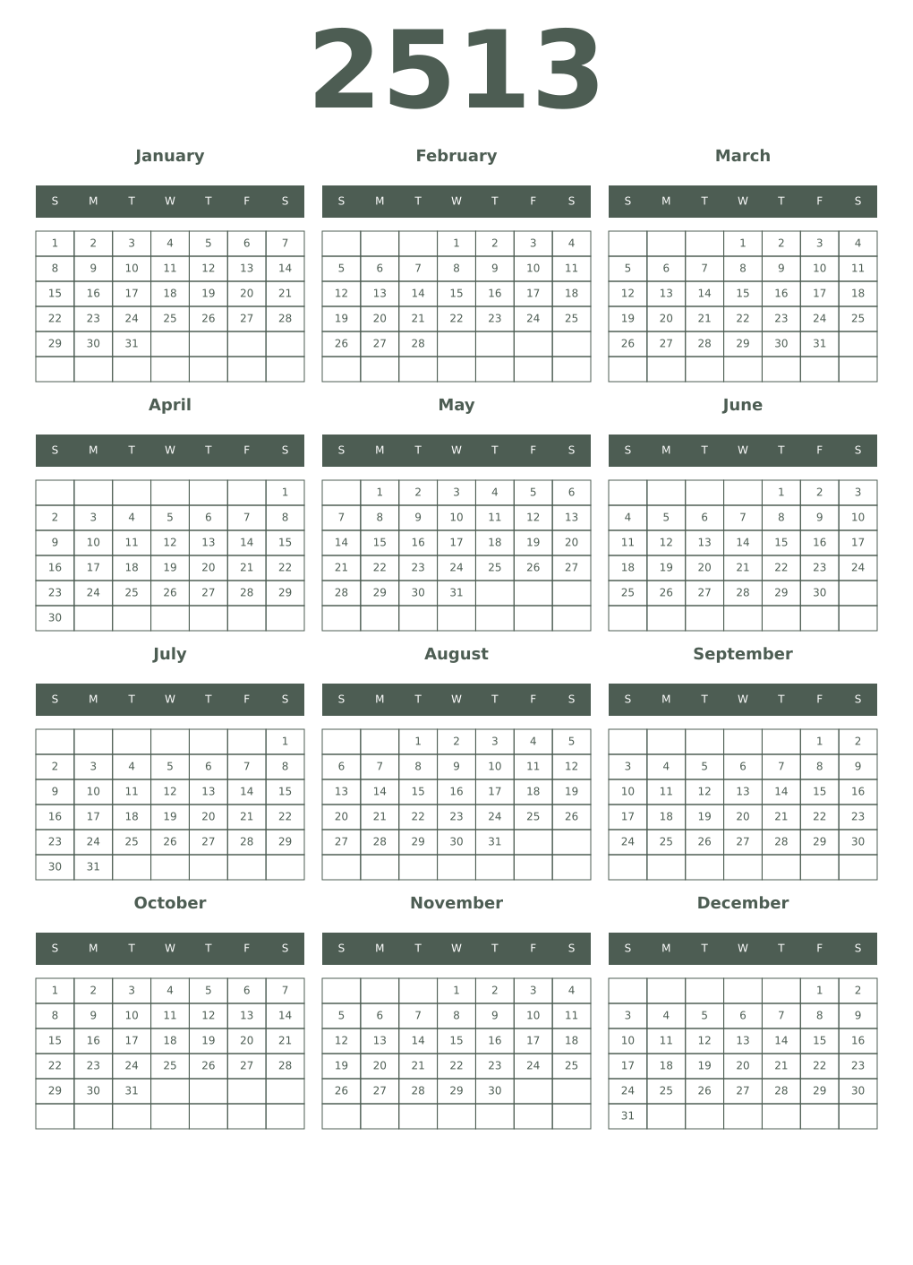 Printable 2513 Year Calendars feldgrau