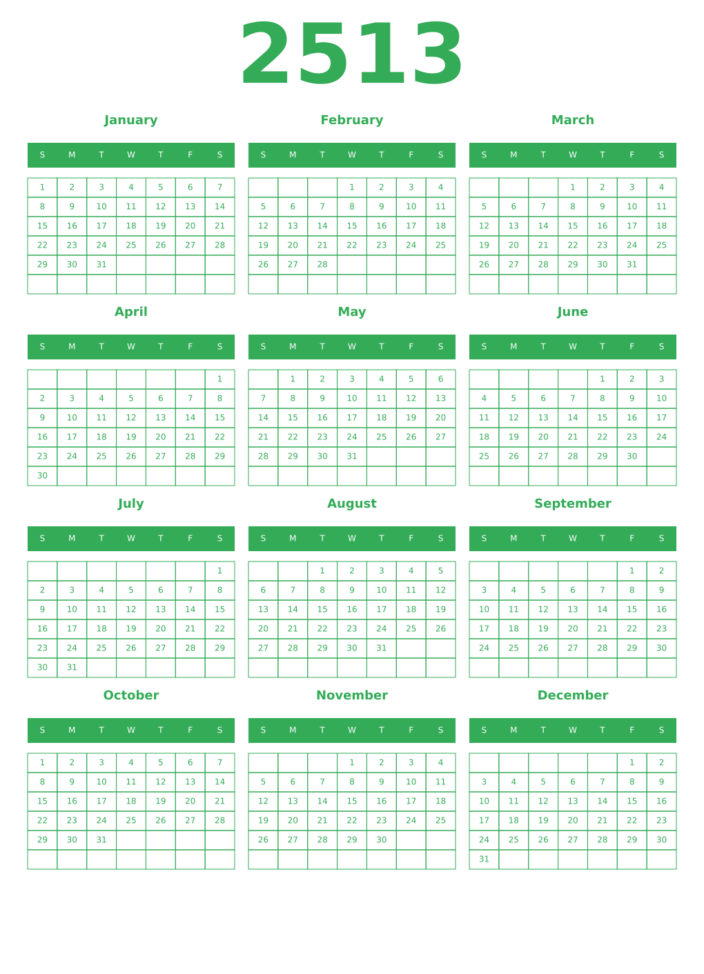 Printable 2513 Year Calendars green