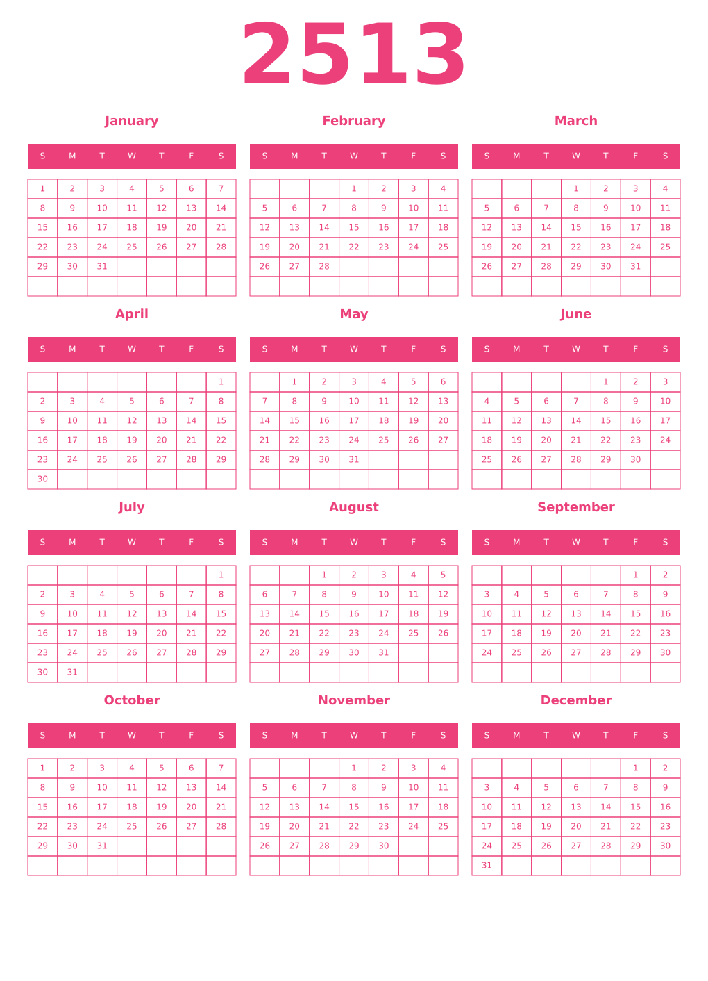 Printable 2513 Year Calendars pink