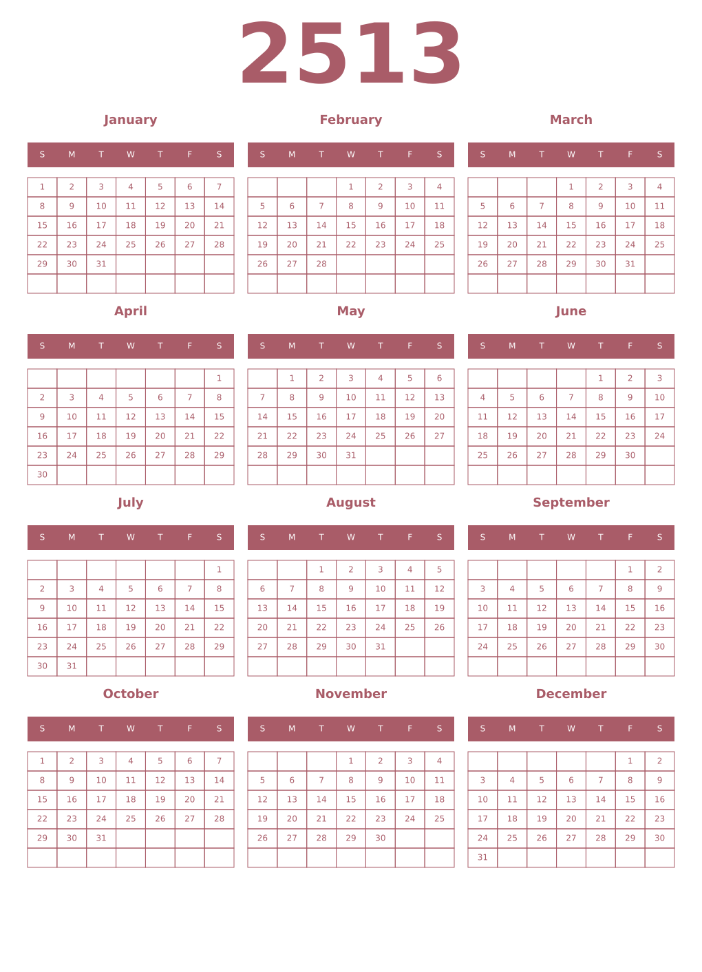 Printable 2513 Year Calendars puce