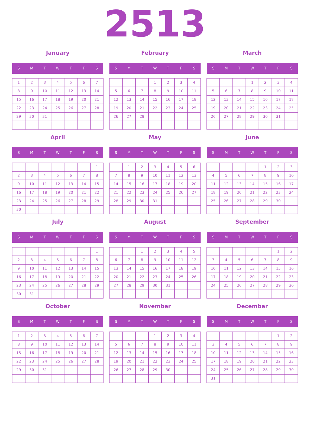 Printable 2513 Year Calendars purple