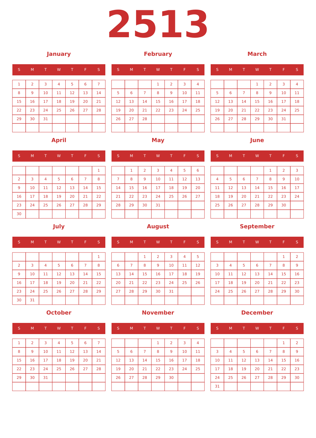 Printable 2513 Year Calendars red