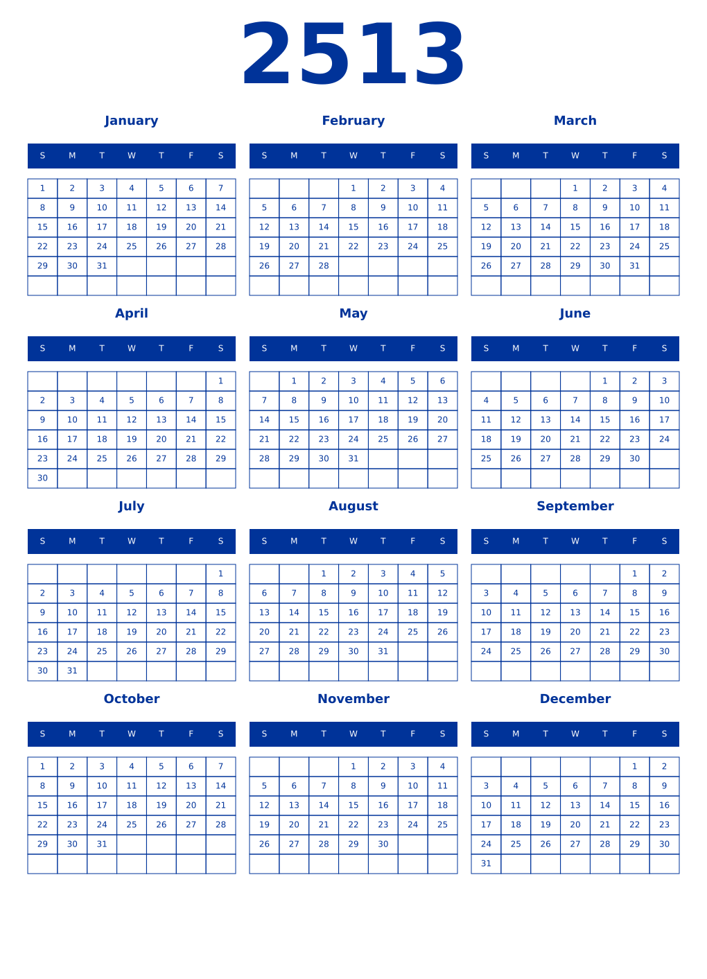 Printable 2513 Year Calendars smalt