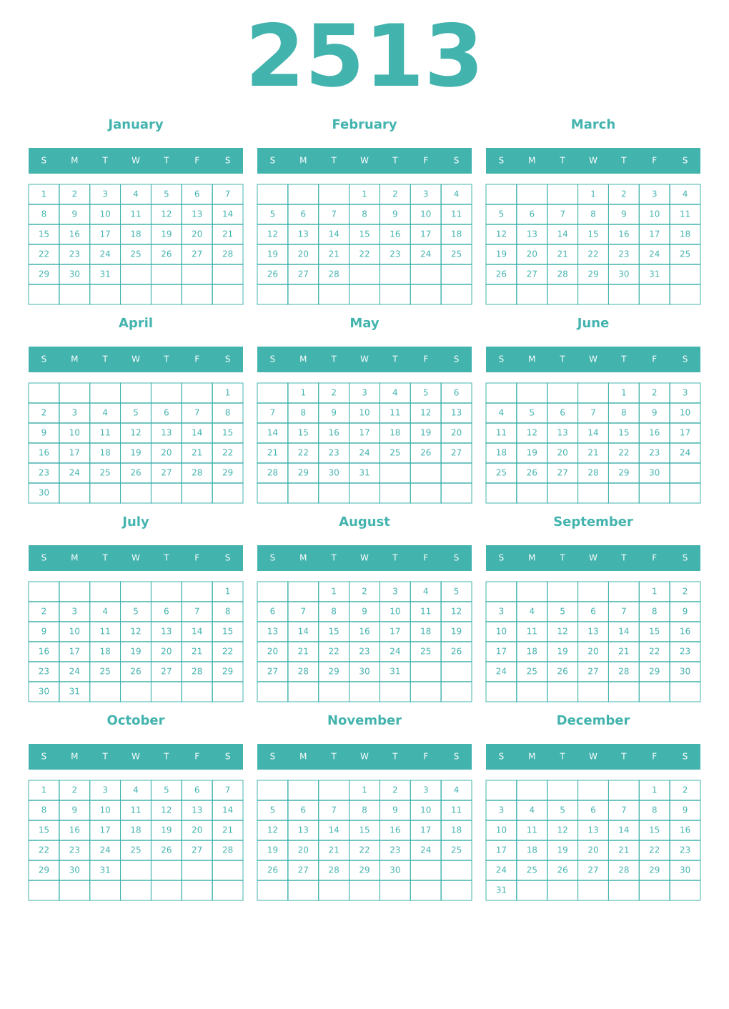 Printable 2513 Year Calendars verdigris
