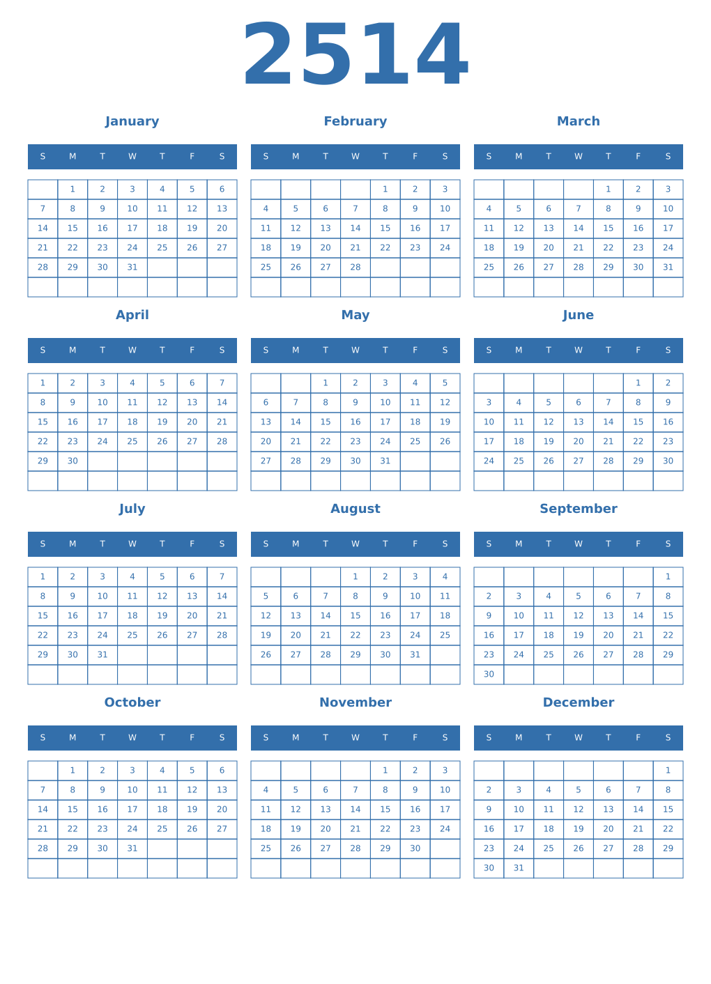 Printable 2514 Year Calendars blue