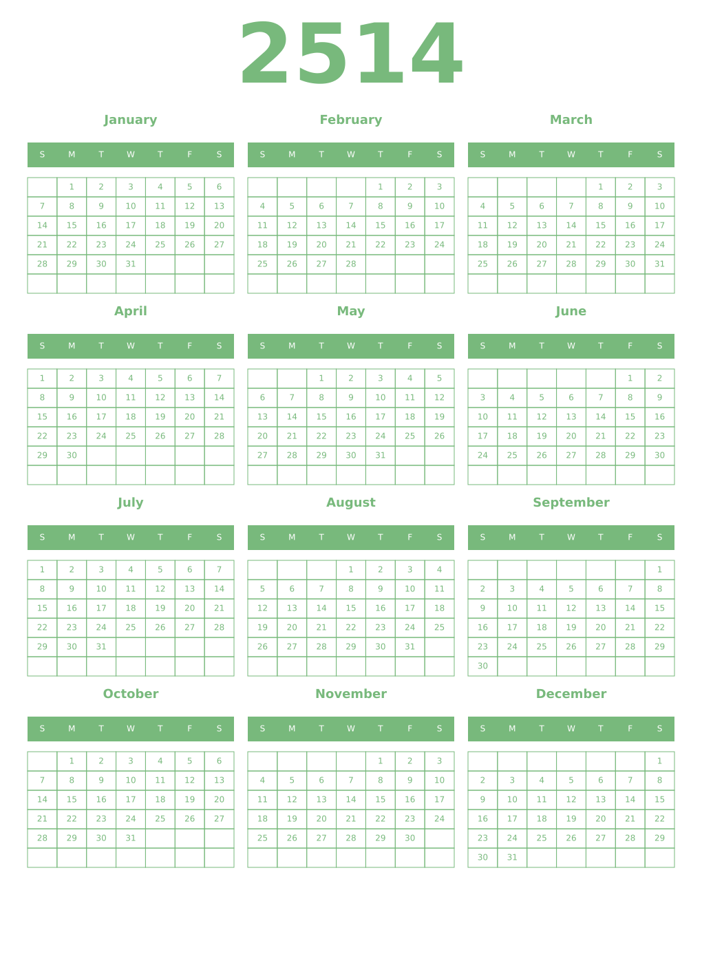 Printable 2514 Year Calendars celadon