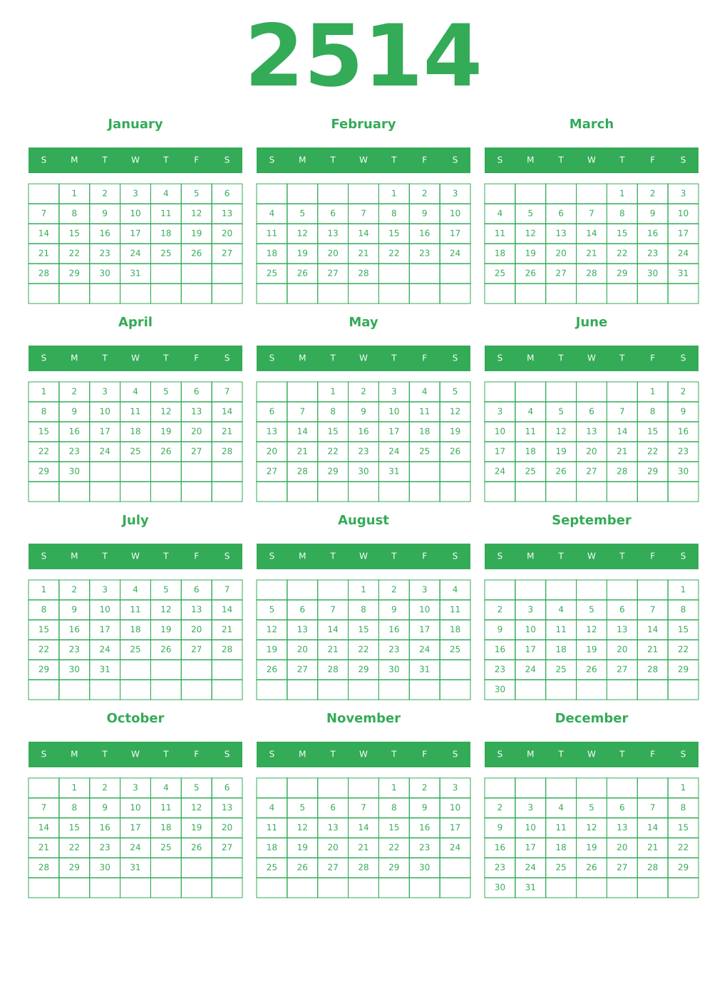 Printable 2514 Year Calendars green