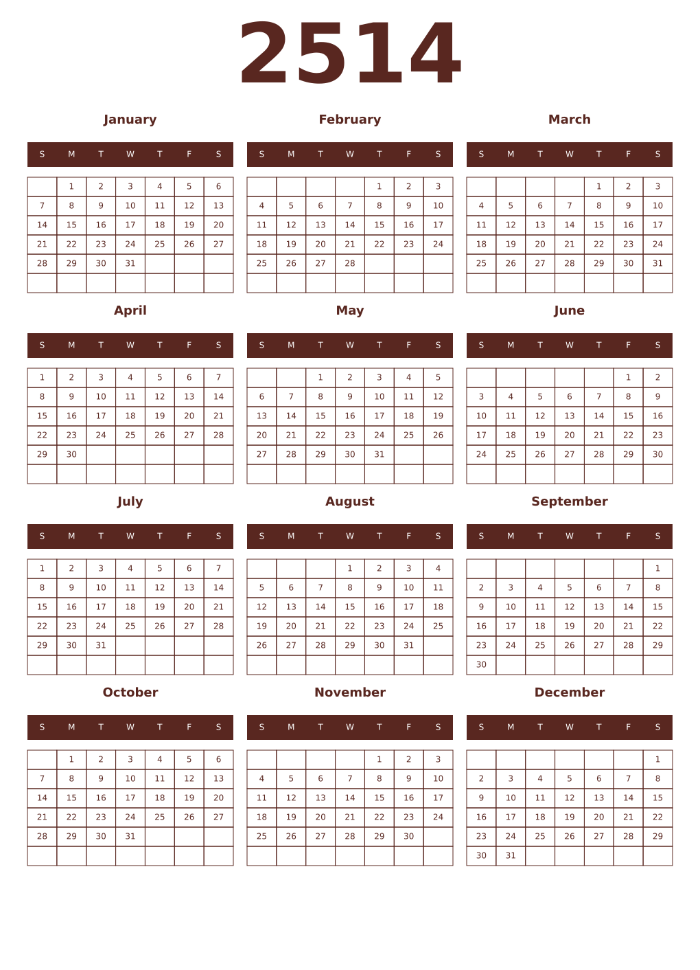 Printable 2514 Year Calendars mortuum