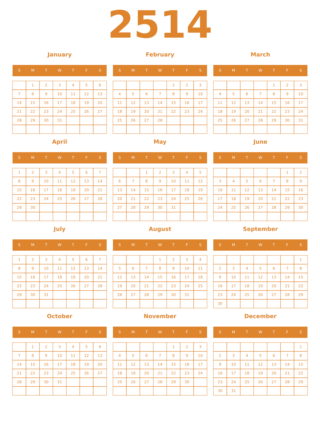 Printable 2514 Year Calendars orange