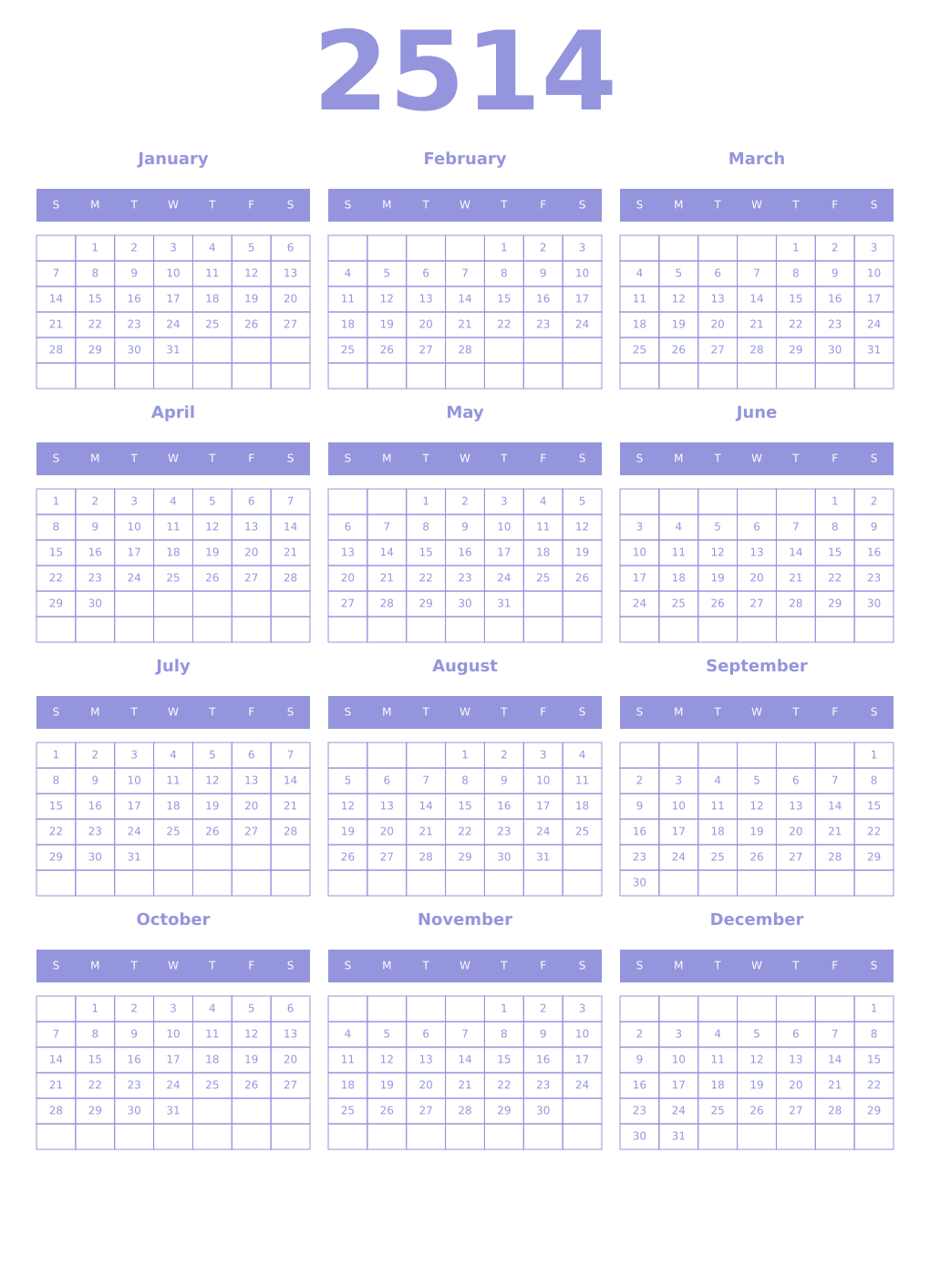 Printable 2514 Year Calendars periwinkle